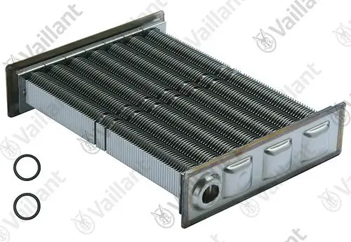 Wärmetauscher mit gerippter Metalloberfläche und zwei O-Ringen, geeignet für Vaillant Heizsysteme.